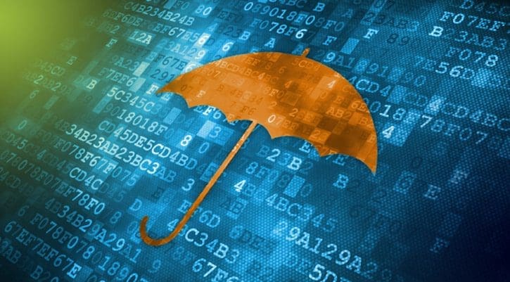 Cyber Security Insurance concept: pixelated Umbrella icon on digital background, 3d render